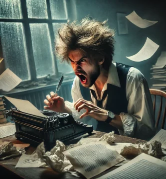 un escritor sentado en un escritorio con una máquina de escribir y una ventana grande totalmente absorto en un proceso creativo