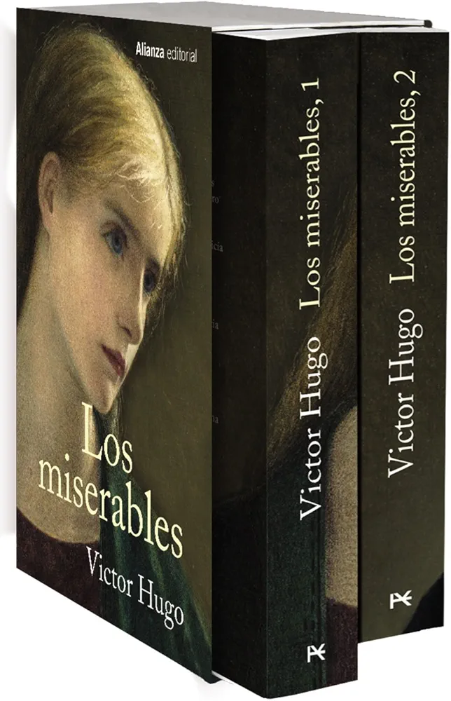 estuche con la novela de Victor Hugo Los Miserables, dividida en dos tomos. En la portada del estuche se puede leer el título y se ve el retrato de perfil de una mujer