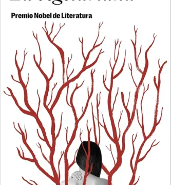 Portada de la novela La vegetariana de Hang Kang en la que se ve una mujer de espaldas y saliendo de su espalda, de color rojo, ramas de árbol.
