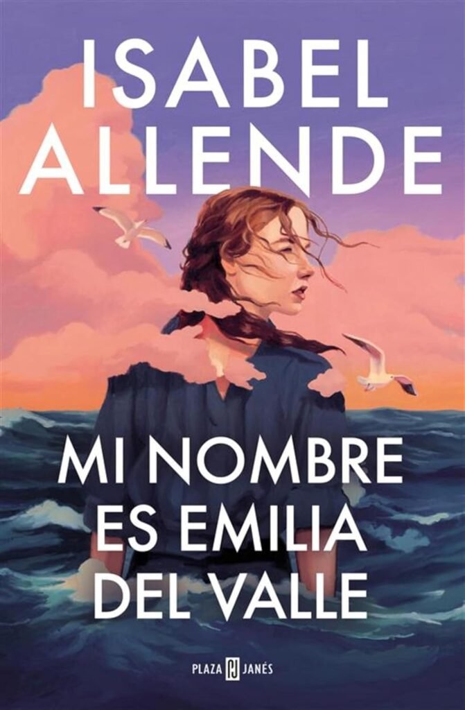 portada de la novela de isabel allende mi nombre es emilia del valle, en la que se ve la silueta de una mujer entre y el mar y un cielo con nubes rosadas.