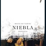 portada de la novela niebla de Unamuno, en la que se ve a un hombre sentado en una silla con un libro en una mano, aunque solo se le ve de cintura hacia abajo, el resto esta cubierto por una niebla.