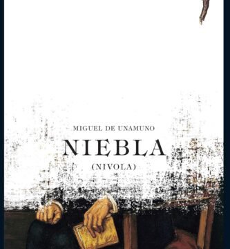 portada de la novela niebla de Unamuno, en la que se ve a un hombre sentado en una silla con un libro en una mano, aunque solo se le ve de cintura hacia abajo, el resto esta cubierto por una niebla.