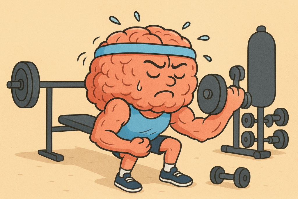 dibujo en el que se ve a un cerebro entrenando en un gimnasio, levantando pesas