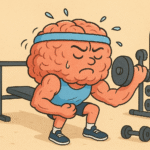 dibujo en el que se ve a un cerebro entrenando en un gimnasio, levantando pesas