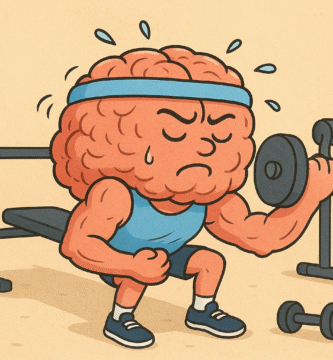 dibujo en el que se ve a un cerebro entrenando en un gimnasio, levantando pesas