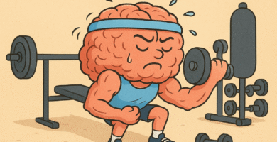 dibujo en el que se ve a un cerebro entrenando en un gimnasio, levantando pesas