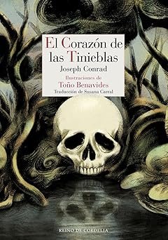 portada de la novela de Joseph Conrad, el corazón de las tinieblas, en la que, rodeada de vegetación selvatica, se observa una calavera.