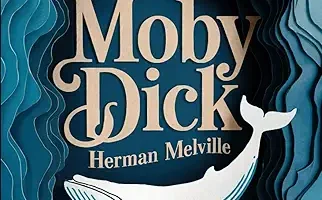 portada de la novela de herman melville, moby dick, en la que sobre un fondo azul aparecen el título y una ballena blanca dibujada