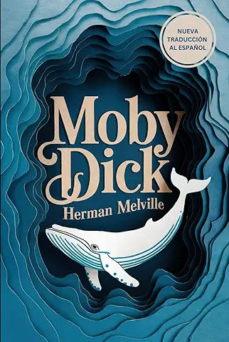 portada de la novela de herman melville, moby dick, en la que sobre un fondo azul aparecen el título y una ballena blanca dibujada