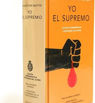 portada de la novela de Yo, el supremo de Roa Batas. en la que sobre un fondo amarillo se observa un puño dibujado, muy apretado y del, por la parte de abajo cae una gota de lo que parece sangre