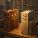 imagen en la que sobre una estantería de lo que parece un biblioteca se observa dos libros, con ojos y boca, y como si estuvieran hablando. Uno de ellos se titula Don Quijote