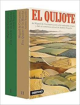 portada del libro don quijote revisado y puesto en castellano actual por Andres Trapiello en el que se observa unos dibujos de unos campos, que parecen ser de Castilla