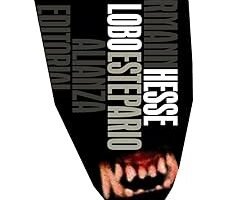 imagen de la portada del libro el lobo estepario de hermann hesse, en la que se ve una cabeza de lobo sobre un cuerpo de persona, e impresa en la cabeza aparece el título del libro y el nombre del autor.