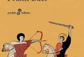 portada de la novela de Frank Baer el puente de alcantara en la que se ve a dos personas encima de una caballo cada una y una apunta a la otra con un arco, mientras esta levanta una espada