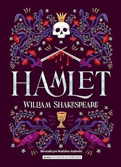 portada de la obra de Shakespeare en la que sobre un fondo lila aparece una calavera con una corona y un cáliz, con el título de la obra en medio.