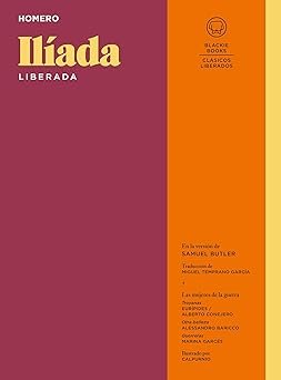 portada de la ilíada en la que sobre un fondo granate y naranja aparece el título