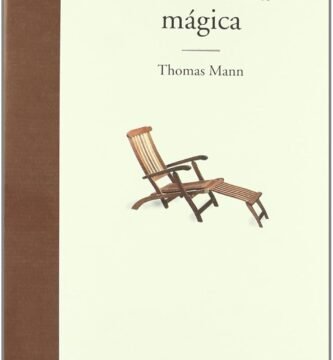 portada de la novela la montaña mágica de Thoma Mann, en la que bajo el título y sobre un fondo blanco aparece el dibujo de una tumbona de madera