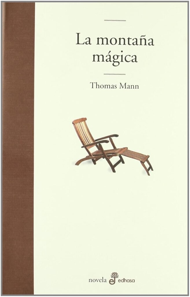 portada de la novela la montaña mágica de Thoma Mann, en la que bajo el título y sobre un fondo blanco aparece el dibujo de una tumbona de madera