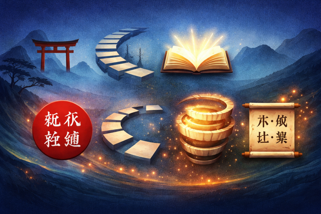 elementos simbólicos orientales en paisaje místico