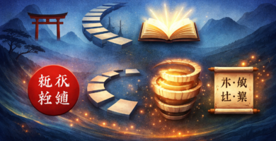 elementos simbólicos orientales en paisaje místico