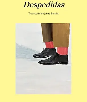 portada de la novela despedidas de julian barnes en la que se ven las piernas hasta la altura de las rodillas de una persona con pantalones marrones y calcetines rosas