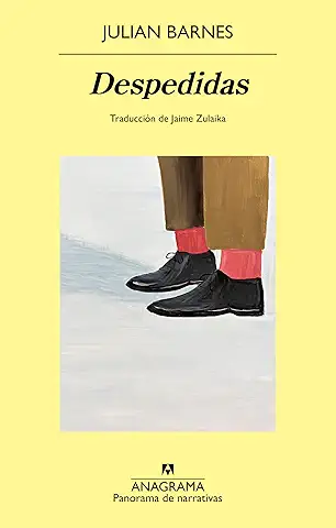 portada de la novela despedidas de julian barnes en la que se ven las piernas hasta la altura de las rodillas de una persona con pantalones marrones y calcetines rosas