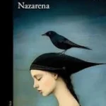 portada de la novela de karina sainz borgo nazarena, en la que sobre un fondo oscuro aparece el dibujo de perfil de una mujer con un cuervo sobre su cabeza