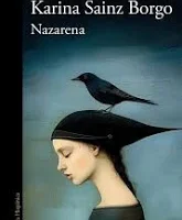 portada de la novela de karina sainz borgo nazarena, en la que sobre un fondo oscuro aparece el dibujo de perfil de una mujer con un cuervo sobre su cabeza