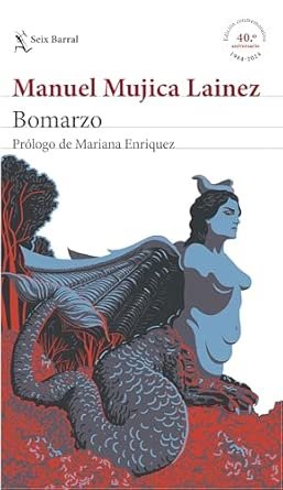 portada de la novela de manuel mujica láinez, bomarzo, en cuya portada aparece un dibujo de una figura del jardín de bomarzo