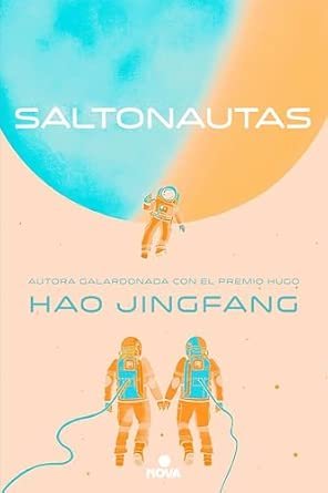 portada de la novela de Haq Jingfang en la que sobre un fondo rosa se observa tres astronautas 