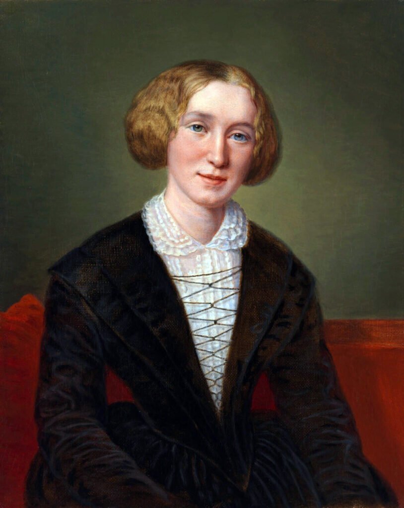 Dibujo de George Elliot en el que aparece de frente con rostro serio aunque relajado.