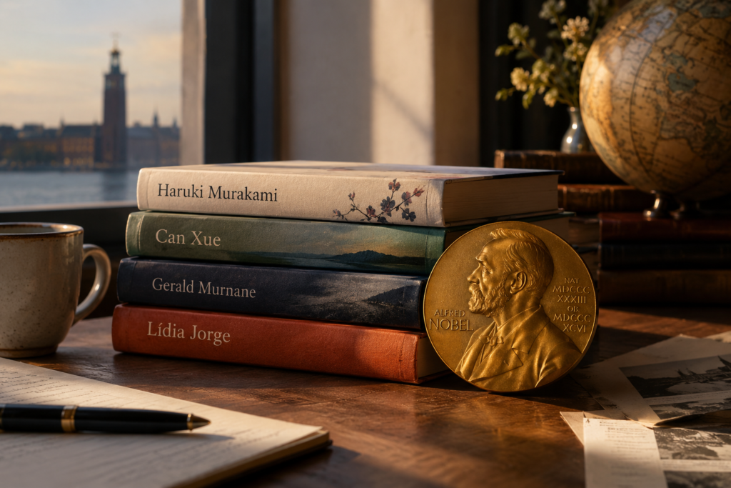 imagen en la que se observan varios libros de algunos de los candidatos al nobel de literatura 2026 y a su lado aparece una medalla que pone: nobel