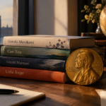 imagen en la que se observan varios libros de algunos de los candidatos al nobel de literatura 2026 y a su lado aparece una medalla que pone: nobel