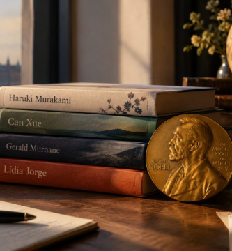 imagen en la que se observan varios libros de algunos de los candidatos al nobel de literatura 2026 y a su lado aparece una medalla que pone: nobel