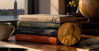 imagen en la que se observan varios libros de algunos de los candidatos al nobel de literatura 2026 y a su lado aparece una medalla que pone: nobel