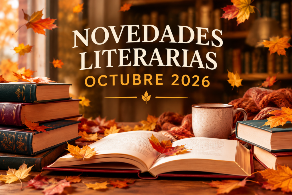 imagen en la que parecen unos libros unas hojas marrones tipicas del otoño y la frase: novedades literarias octubre 2026