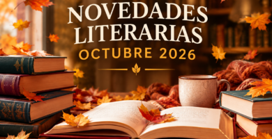 imagen en la que parecen unos libros unas hojas marrones tipicas del otoño y la frase: novedades literarias octubre 2026