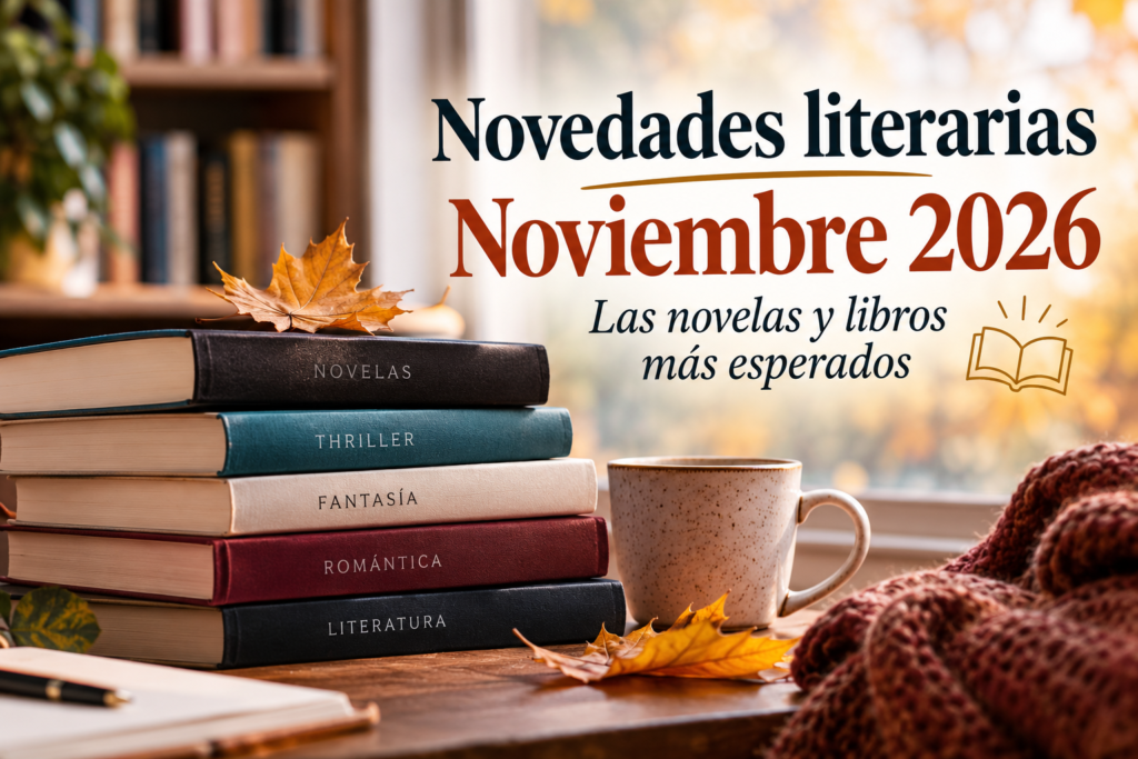 imagen en la que se observan unos libros, una manta, una taza de café y sobre ellos se la frase:novedades literarias noviembre 2026